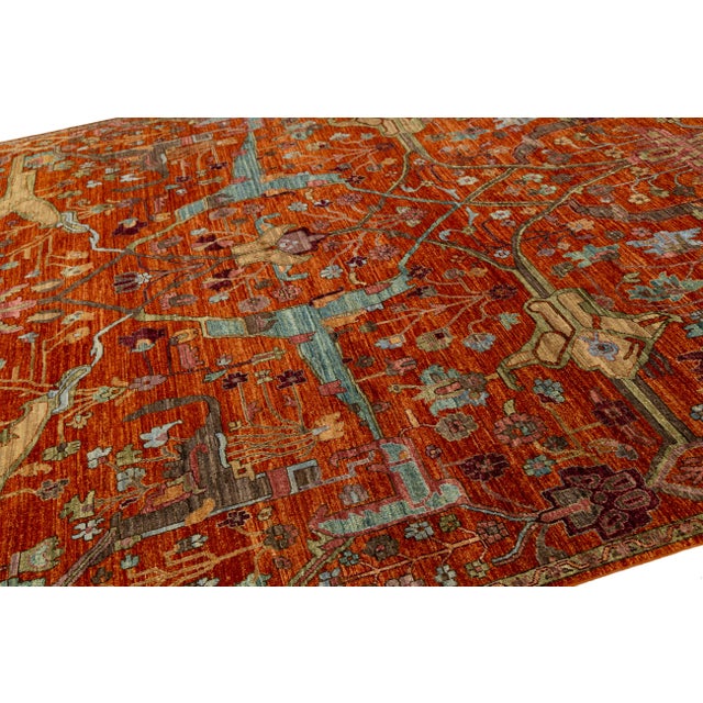Burnt Orange 9x12 Modern Bidjar Style Hand-Knotted Rust & Sage Wool Area Rug Persian Motifs For Sale - Image 8 of 11