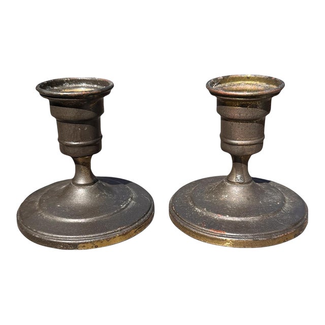 Vintage Patinated Metal Candlesticks – A Pair For Sale