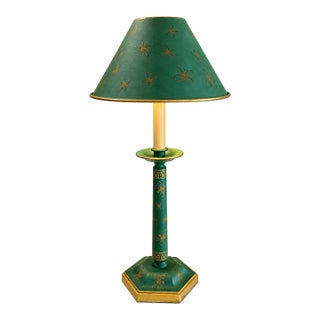 1970s Green Painted Wood Bee Motif Table Lamp With Gilt Details and Tole Metal Shade For Sale