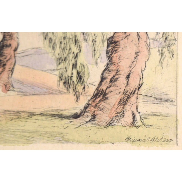 American Corkscrew Willows With Stairs - Hand Colored Drypoint Etching California Adobe by Orpha Klinker For Sale - Image 3 of 9