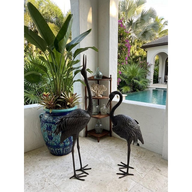 Pair of Vintage Hollywood Regency Bronze Garden Cranes For Sale - Image 10 of 10