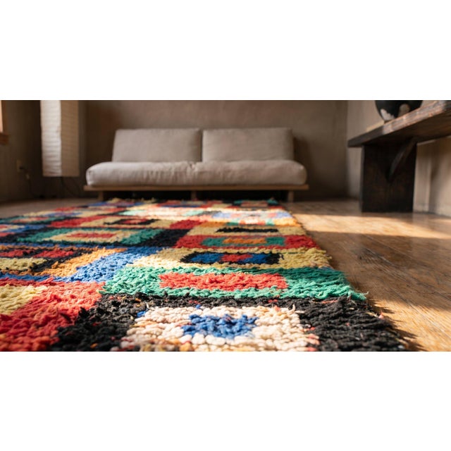 1940s Multicolor Geometric Antique Moroccan Boucherouitte Rug 4'10" X 9'3" Handknotted Wool Carpet For Sale In New York - Image 6 of 8