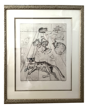 Moreh Mordecai, Woman with Cats, 20th Century, Engraving, Framed
