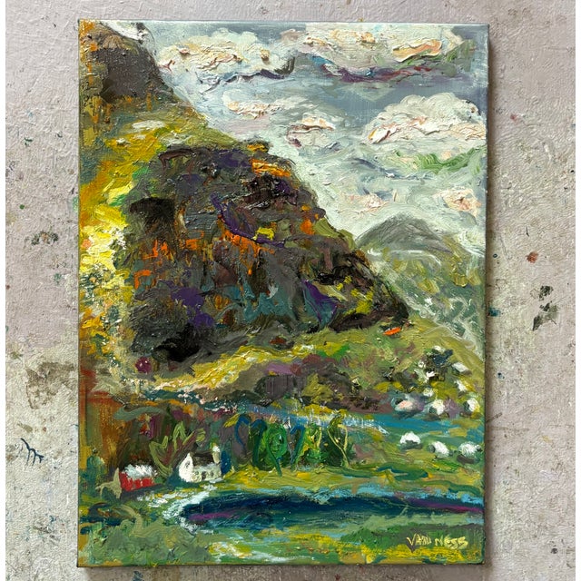 Wood Scottish Home on the Hill, Original Oil Painting Framed, by Van Ness For Sale - Image 7 of 12