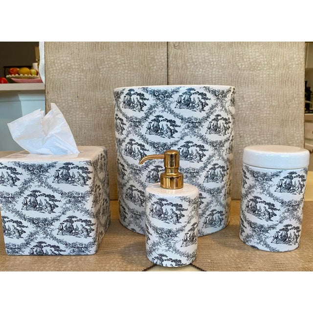 Black 1980s Labrazel Ceramic Bath Set, Black/Cream Toile Made in Italy, Wastebasket, Tissue Holder, Soap Dispenser, Covered Jar - 4 Piece Set For Sale - Image 8 of 8