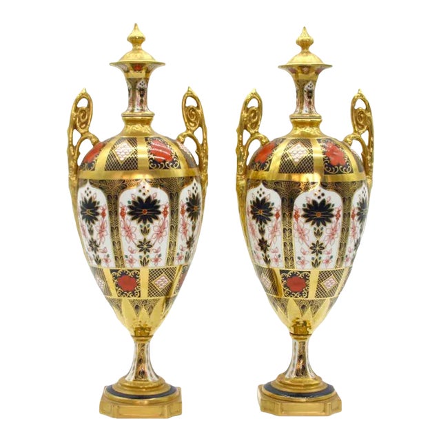 English Gilt Painted Royal Crown Derby Vases/Urns - a Pair For Sale