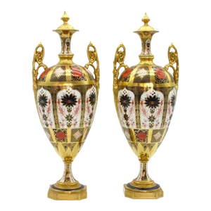 English Gilt Painted Royal Crown Derby Vases/Urns - a Pair
