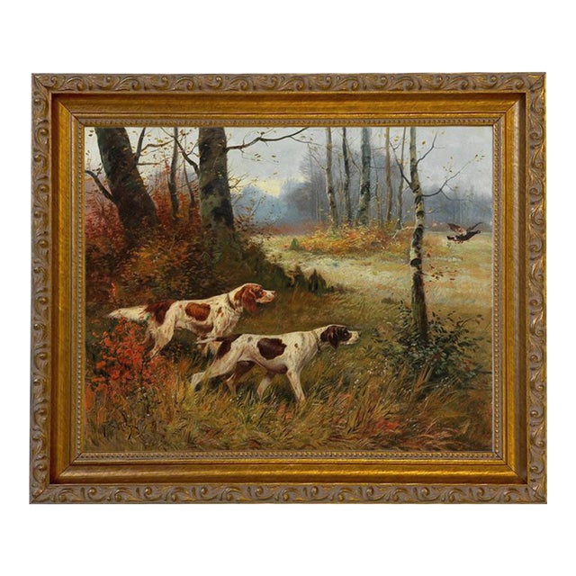 Two Pointing Dogs 8x10" Framed Reproduction Print on Canvas, Gold Florentine Frame For Sale