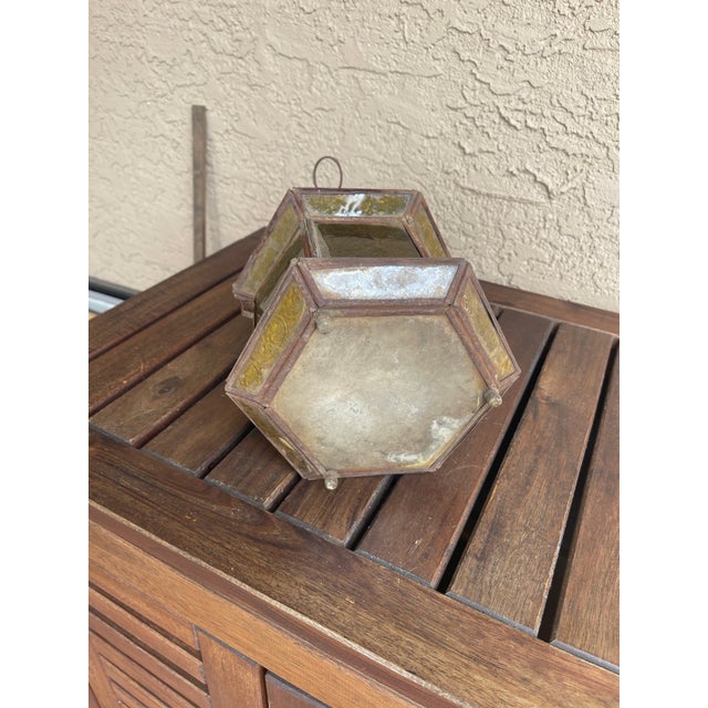 Workaday Handmade 1970s Intage Hexagon Moroccan Amber Glass Votive Candle Lantern For Sale - Image 4 of 5