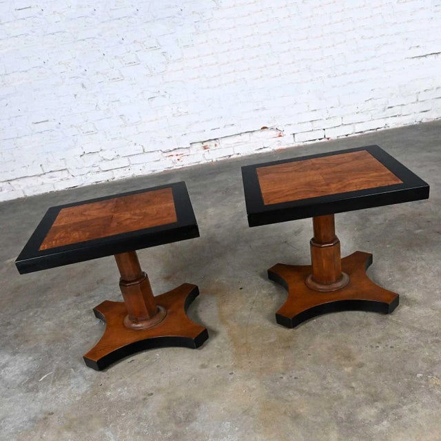 Baker Furniture Company Late 20th Century Baker Furniture Campaign Style Black & Natural Pedestal End Tables a Pair For Sale - Image 4 of 13
