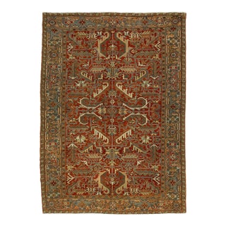 6x9 Antique Persian Heriz Serapi Rug Hand-Knotted Wool, Geometric Medallion For Sale
