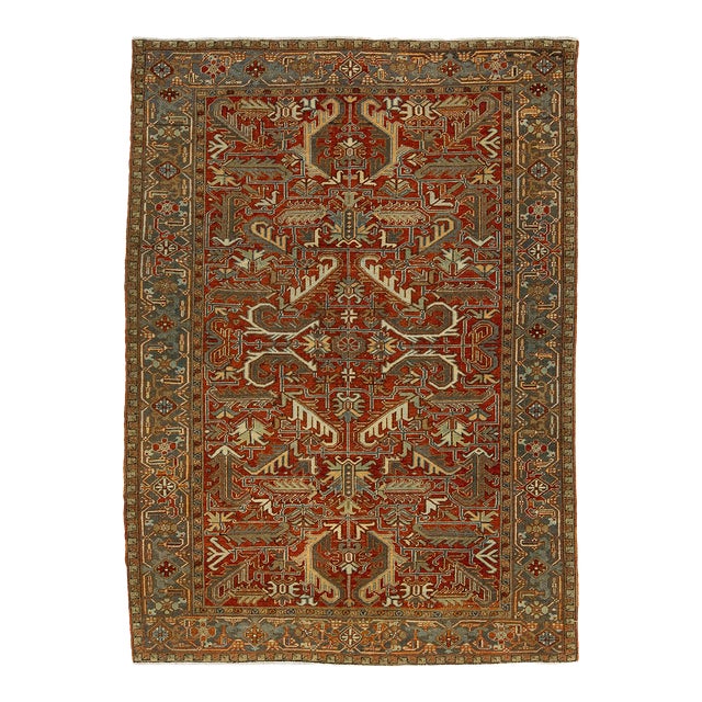 6x9 Antique Persian Heriz Serapi Rug Hand-Knotted Wool, Geometric Medallion For Sale