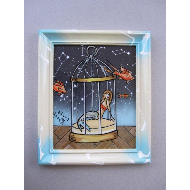 Misplaced Mermaid features a mermaid seated in a cage, surrounded by whimsical fish and a starry night sky. The use of...