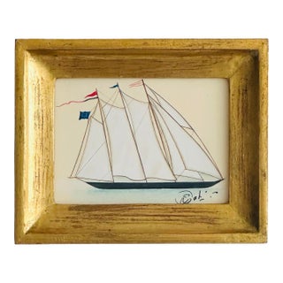 Original Hand-Painted Sailboat Painting in a Vintage Italian Frame For Sale