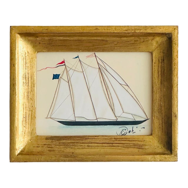 Original Hand-Painted Sailboat Painting in a Vintage Italian Frame For Sale
