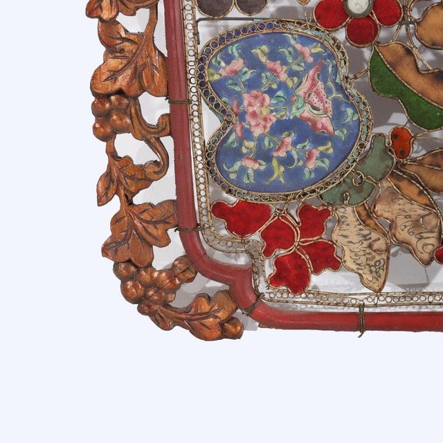 Pr Antique Chinese Floral Carved Hardwood, Enameled Copper, Silk & Mica Screens For Sale - Image 4 of 8