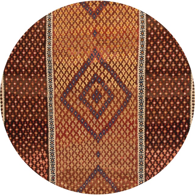 Beautiful vintage Persian Kilim rug, hand knotted wool with a tan field, red and brown accents in all-over Classic...