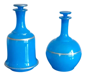 French Blue Opaline Glass Decanters - a Pair