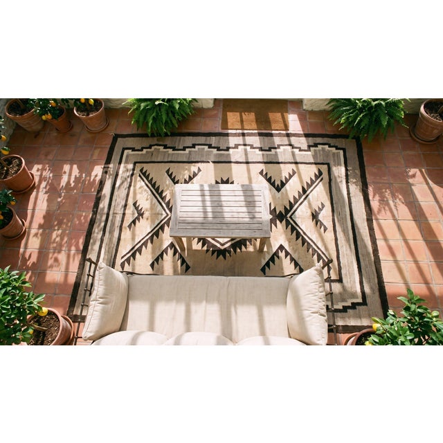 1920s Beige Medallion Tribal Antique American Navajo Carpet 4'2" X 5'10" Flatweave Wool Rug For Sale - Image 10 of 12