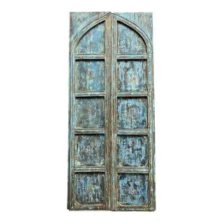 Antique Rustic Blue Wooden Patio Arched Double Barn Doors - a Pair For Sale