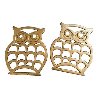 1970s Brass Owl Trivets- a Pair For Sale