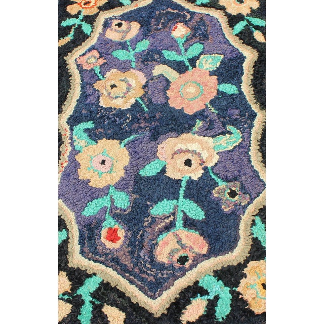 Mid 20th Century American Hooked Rug in Floral Pattern With Medallion on Purple/Blue, Black For Sale - Image 5 of 9