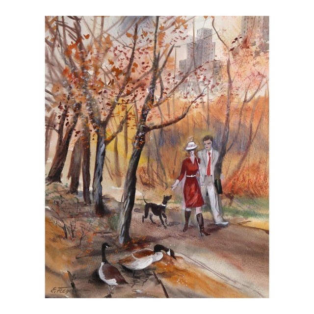 Feeding the Geese, Erik Freyman Watercolor With Pastels on Paper, Signed in Pen For Sale