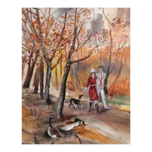 Feeding the Geese, Erik Freyman Watercolor With Pastels on Paper, Signed in Pen