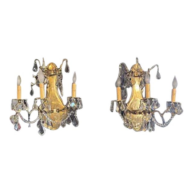 Pair of 1980s Contemporary Rococo Style Brass and Crystal Bi Level Three Light Sconces For Sale