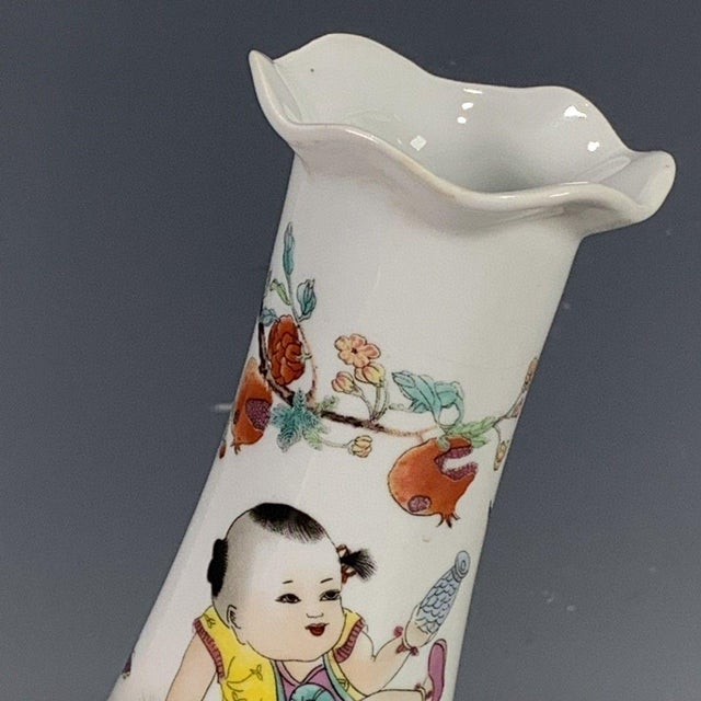 Ceramic Vintage Famille Rose Porcelain Floral Vase – Boy & Pomegranate Motif, Qianlong Mark For Sale - Image 7 of 9