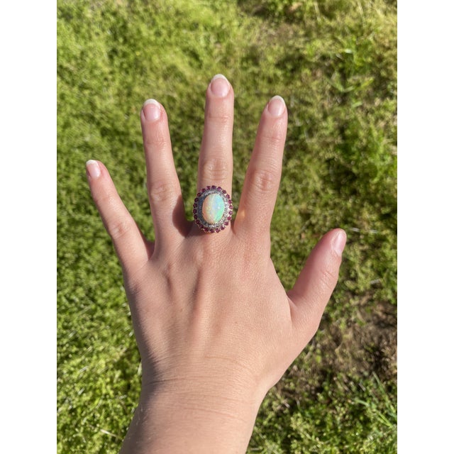 1.56ctw Opal, Diamond & Ruby Cocktail Ring, 18k Yellow Gold, Ring Size 7.5 For Sale In Greensboro - Image 6 of 6
