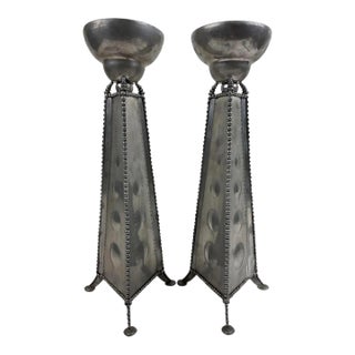 Pair Pewter Mid-Century Brutalist Style Pillar Candlestick Holders Signed and Dated 1994 For Sale