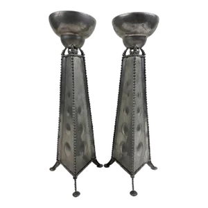Pair Pewter Mid-Century Brutalist Style Pillar Candlestick Holders Signed and Dated 1994