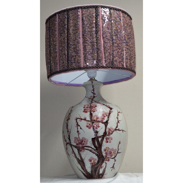 1970s Vintage White Ceramic Table Lamp with Cherry Blossom Motif and Fabric Shade, 1970s For Sale - Image 5 of 10
