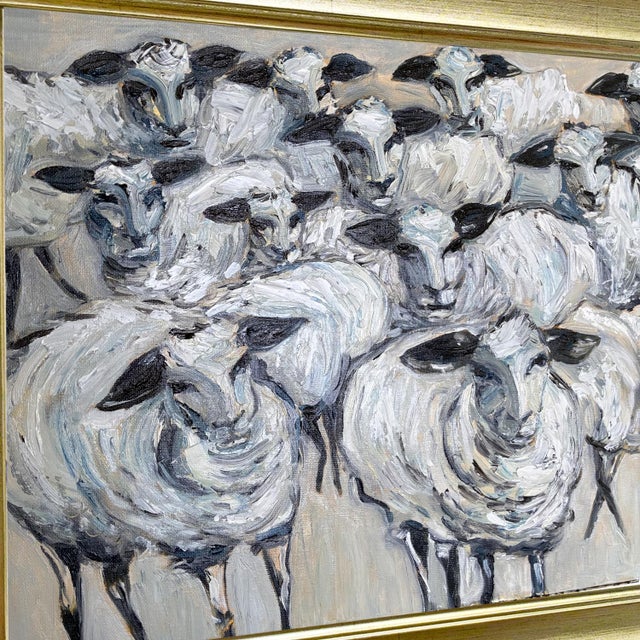 Abstract Expressionism Original Flock of Sheep Painting in Brushed Gold Frame, Oil on Canvas, 16" X 20" by Tatiana Duperault For Sale - Image 3 of 4
