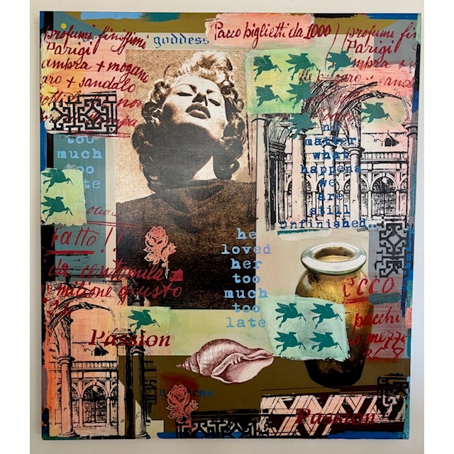 Original signed Patrick McCarthy over-sized painting featuring vintage Sofia Lauren image, poetic text, and architectual...