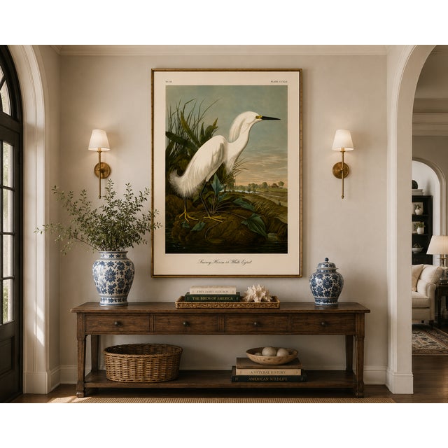 White Snowy Heron or White Egret, Museum Style Audubon Bird Print, 20" X 30" For Sale - Image 8 of 12