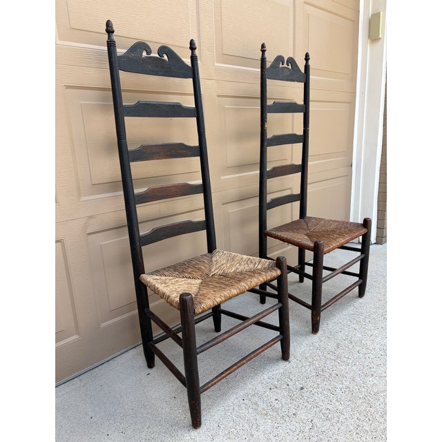 Pair of Antique Black Painted Shaker Ladder Back Chairs With Rush Seats For Sale - Image 4 of 18
