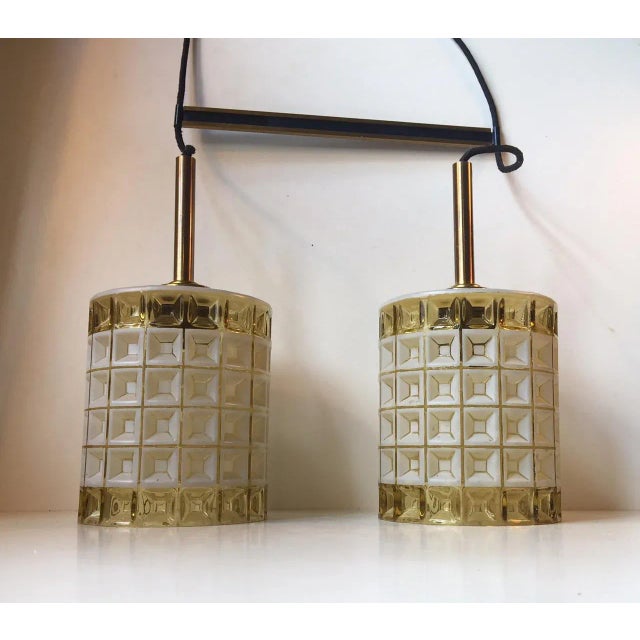 Gold Mid-Century Glass & Brass Dual Pendant Lamp from Orrefors, 1960s For Sale - Image 8 of 8