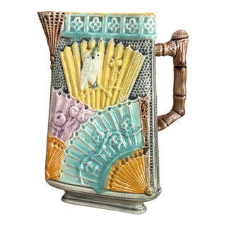 Victorian Majolica Aesthetic Movement Pitcher — Birds, Fans & Bamboo Handle c.1880 For Sale
