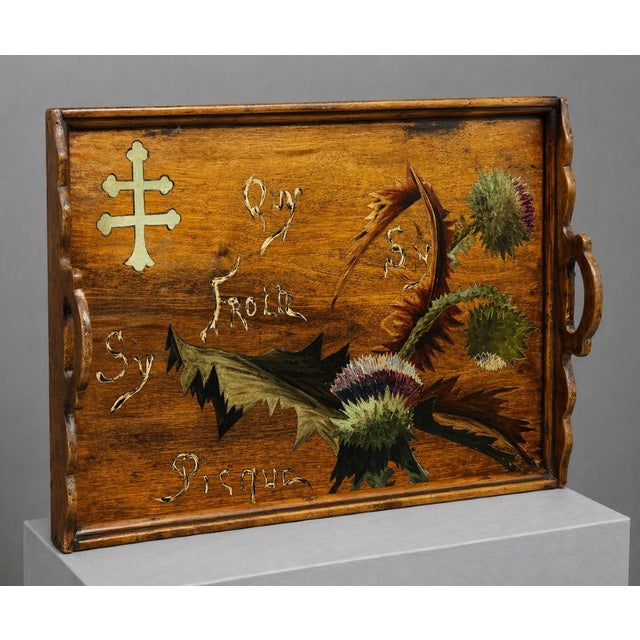Rectangular Wooden Tray with Marquetry Decoration of Thistles in the style of Emile Gallé For Sale - Image 6 of 7
