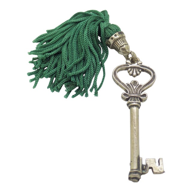 Vintage Italian Handmade Genuine Silver Life Size Secret Drawer Key W/T Green Tassel For Sale