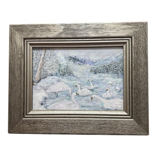 Mid-Century Impressionist Winter Landscape Painting of Swans in Frame For Sale