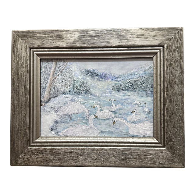 Mid-Century Impressionist Winter Landscape Painting of Swans in Frame For Sale