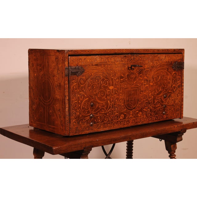 Brown 16th Century Renaissance Bargueno in Walnut and Fruitwood Marquetry For Sale - Image 8 of 15