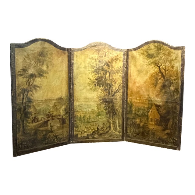 Antique French Painted Screen Depicting Three Figural Landscape Scenes For Sale