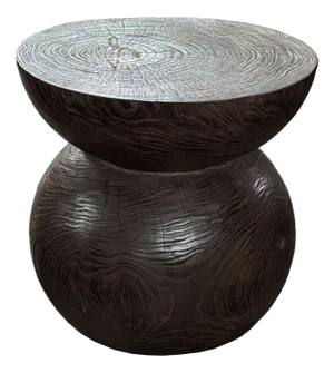 Round Teak Wood Side Table, Burnt Finish, Layered Design, Modern Organic