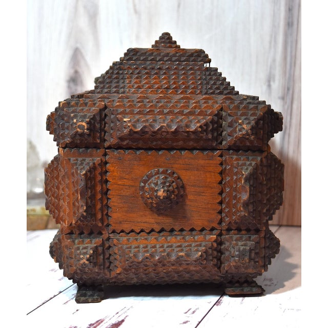 Late 19th Century Antique Tramp Art Box With Velvet Interior and Mirror Secret Spot For Sale - Image 5 of 18