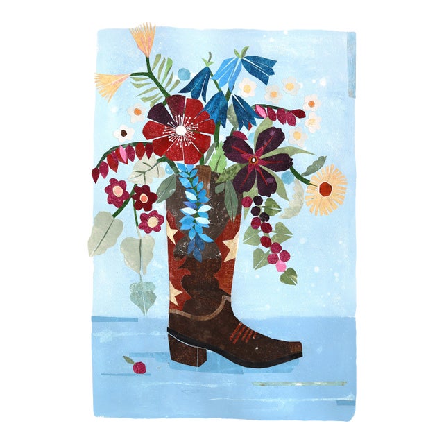 Western Bouquet - Original Blue Floral Boot Collage Mixed Media Work on Paper by Maria C Bernhardsson For Sale