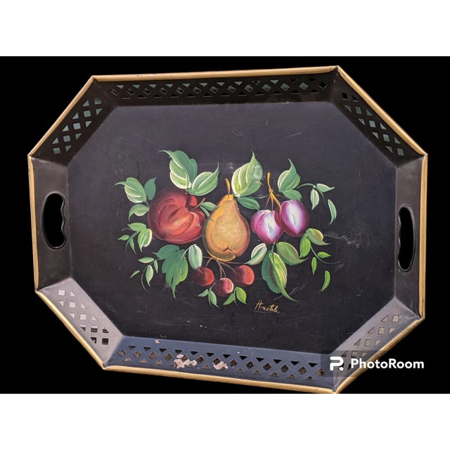 Mid 20th Century Vintage Hand Painted Black Tole Metal Tray For Sale - Image 5 of 12